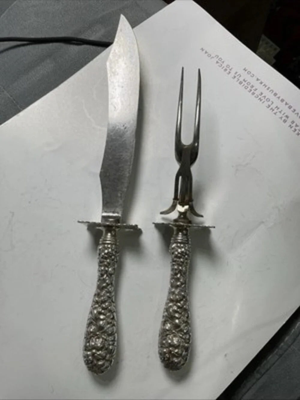 Stieff Rose Sterling Silver Meat Carving Knife and Fork Set